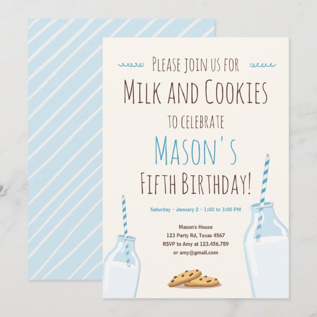 Invitation Lait et biscuits Blue Boy Fête d'anniversaire (Devant / Derrière)