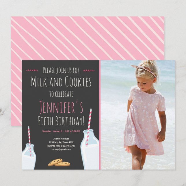 Invitation Lait et biscuits Fête d'anniversaire de la fille r (Devant / Derrière)