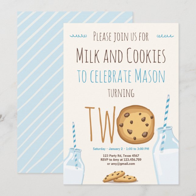 Invitation Lait et biscuits Garçon Bleu Deuxième anniversaire (Devant / Derrière)