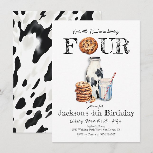 Invitation Lait et biscuits Quatre ans de fête d'anniversaire (Devant / Derrière)