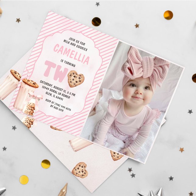 Invitation Lait et biscuits rose deuxième fête d'anniversaire (Créateur téléchargé)