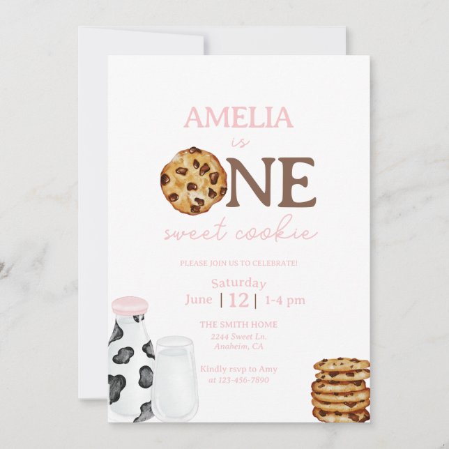 Invitation Lait et cookies Première fête d'anniversaire Invit (Devant)