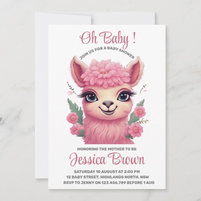 Invitation Lama bébé rose souriant (Devant)