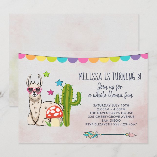 Invitation Lama cool en Lunettes de soleil Anniversaire (Devant / Derrière)