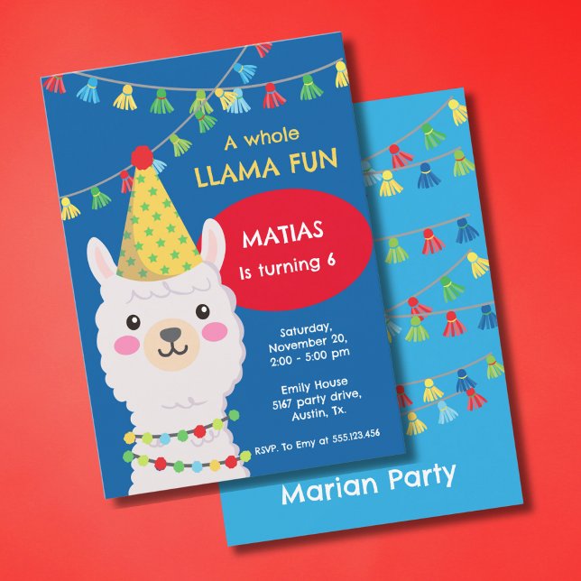 Invitation Lamama bleu et rouge avec casquette de fête Invita (Créateur téléchargé)
