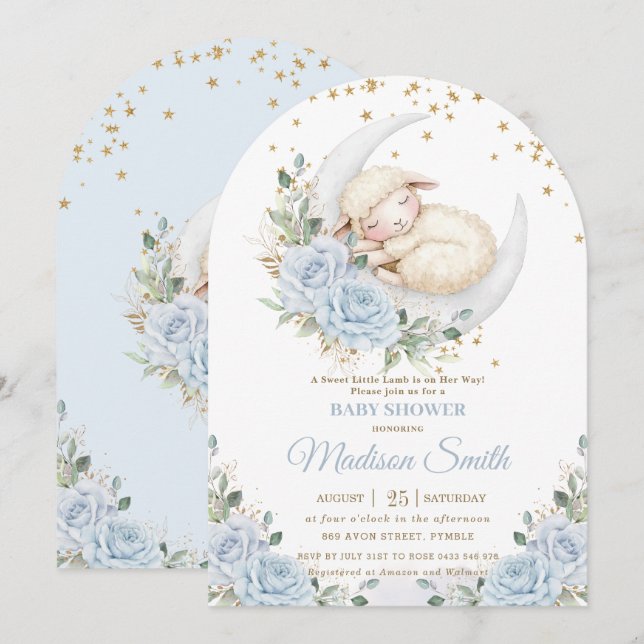 Invitation Lambe douce Lune Bleu Floral Boy Baby shower Arch (Devant / Derrière)