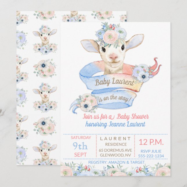 Invitation Lambe rose bleu Sexe Neutre Révélation (Devant / Derrière)