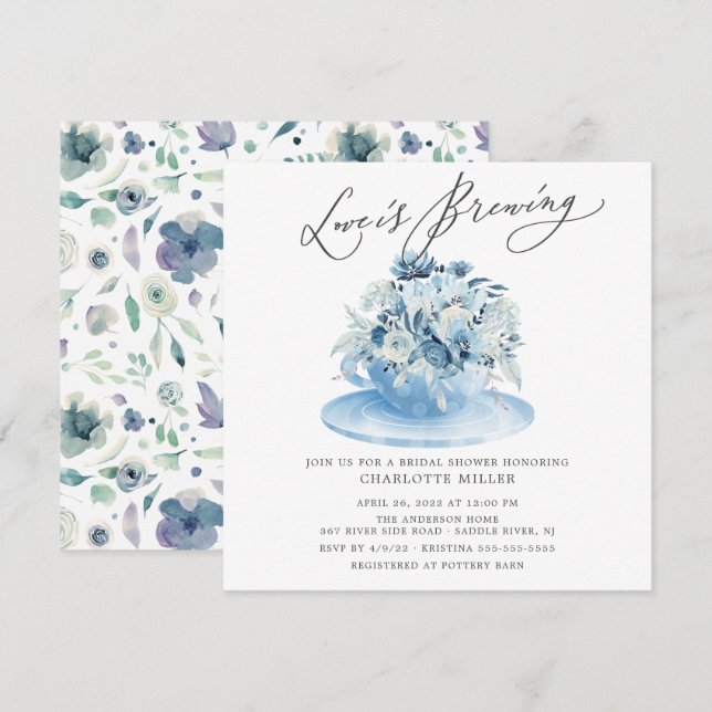 Invitation L'amour brasse Bleu Floral Bridal Thé Douche (Devant / Derrière)