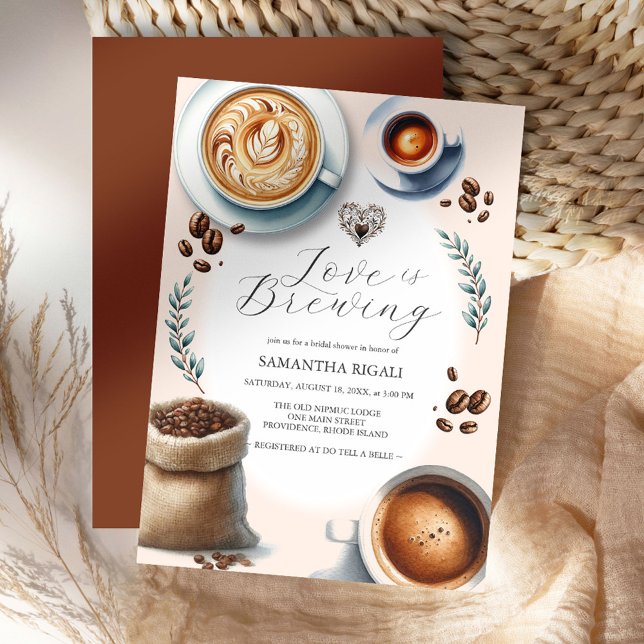 Invitation L'amour brasse du café Fête des mariées (Love is brewing bridal shower invitations feature illustrated coffee, latte, espresso and beans)