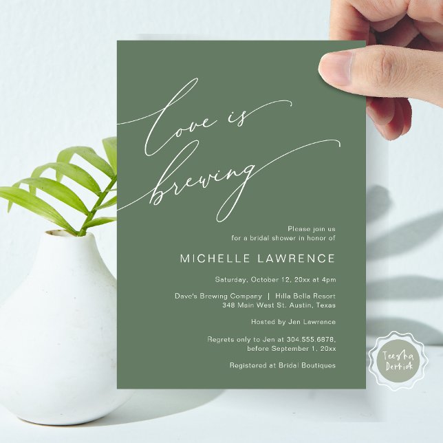Invitation L'amour brasse, fête de la Fête des mariées (Love is Brewing, Bridal Shower Party Celebration Invitation Card, PDF, Forest Sage Green)