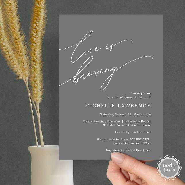 Invitation L'amour brasse, fête de la Fête des mariées (Love is Brewing, Bridal Shower Party Celebration Invitation Card, PDF, Dark Grey)