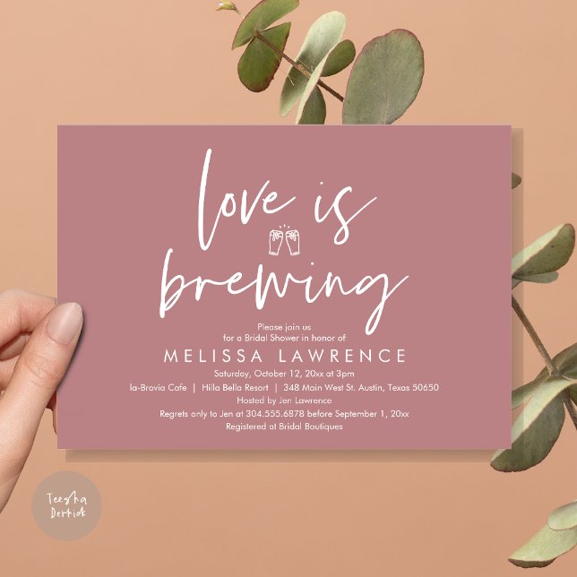 Invitation L'amour brasse, Fête des mariées de fête de la biè (Love is brewing, Beer Party Bridal Shower Invitation Card, PDF, in Dusty Rose Pink)