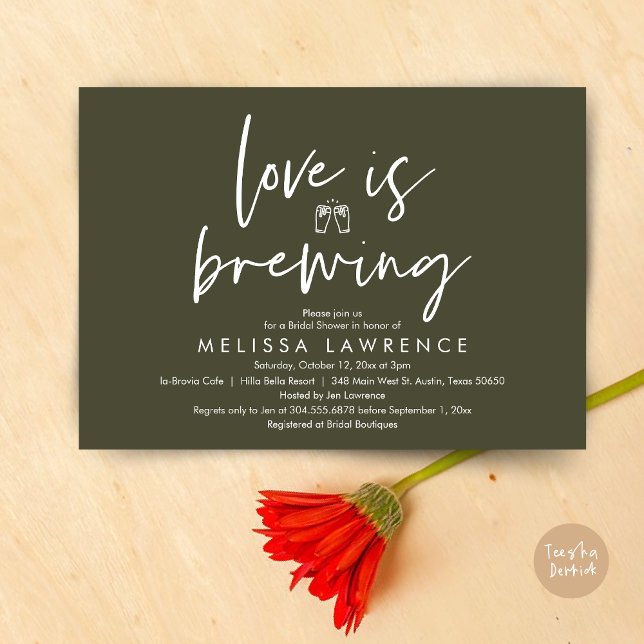 Invitation L'amour brasse, Fête des mariées de fête de la biè (Love is brewing, Beer Party Bridal Shower Invitation Card, PDF, in Olive Green)