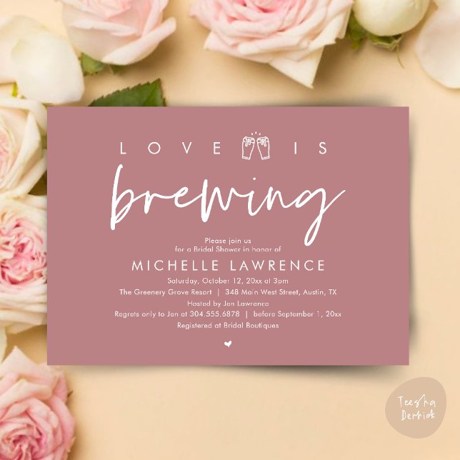 Invitation L'amour brasse, Fête des mariées magnifique fête d (Love is brewing, Gorgeous Bridal Shower Beer Party modern Invitation card pdf in dusty rose pink)