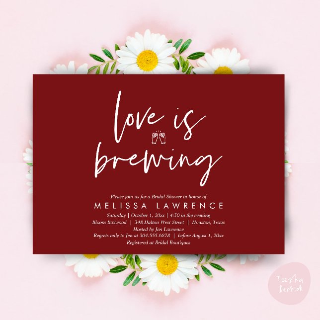Invitation L'amour brasse, Perfect Fête des mariées Bière Par (Love is brewing, Perfect Bridal Shower Beer Party Invitation Card PDF Burgundy Wine Red)