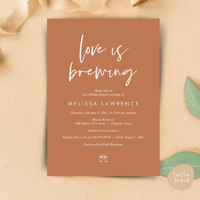 Invitation L'amour brasse, Perfect Fête des mariées Bière Par (Love is brewing, Perfect Bridal Shower Beer Party Invitation Card PDF Copper Brown)