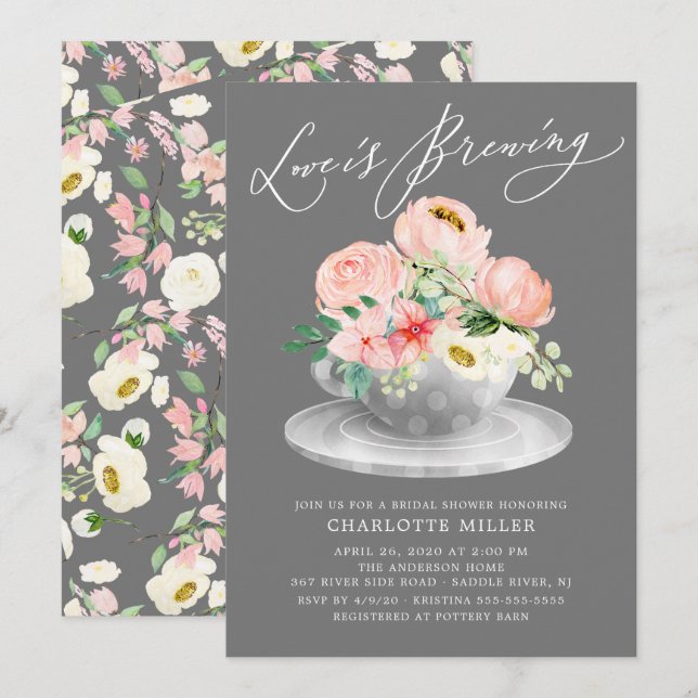 Invitation L'amour brasse Rose Floral Douche Thé nuptiale (Devant / Derrière)