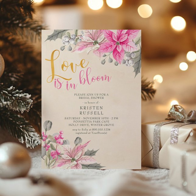 Invitation L'amour est dans la Fête des mariées d'hiver de Bl (Christmas Bridal Shower Invitation with Pink Poinsettias by Darling & May)