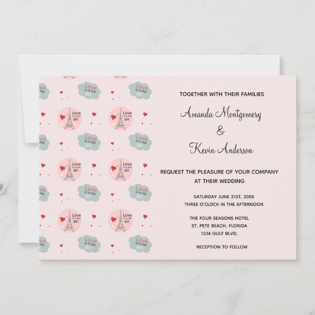Invitation L'amour est dans l'air Tour Eiffel et Mariage des  (Devant)
