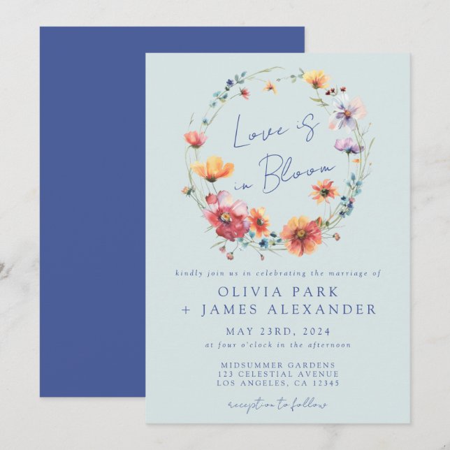 Invitation L'amour est dans le Mariage Floral Fleur Wreath Bl (Devant / Derrière)