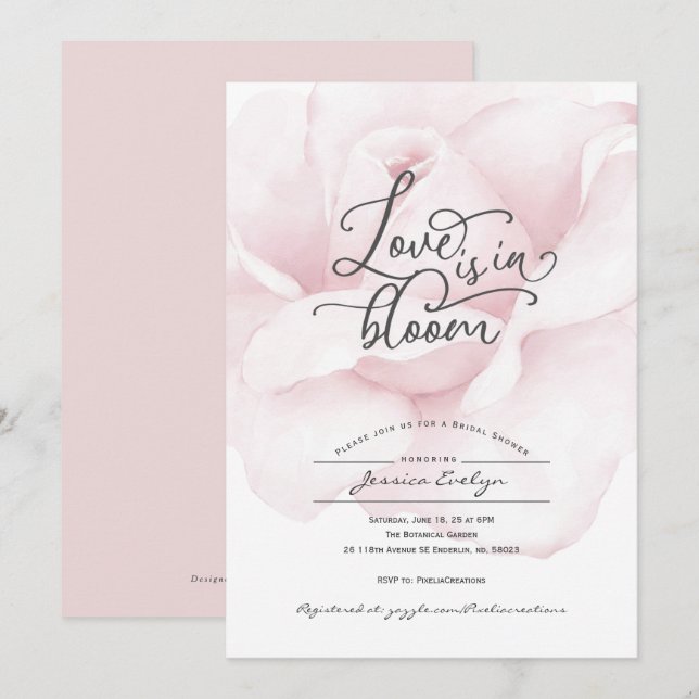 Invitation L'amour est en fleur, rose rosée poussiéreuse, flo (Devant / Derrière)
