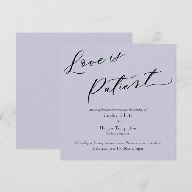 Invitation L'amour est Patient Dusty Blue Postponed Mariage C (Devant / Derrière)