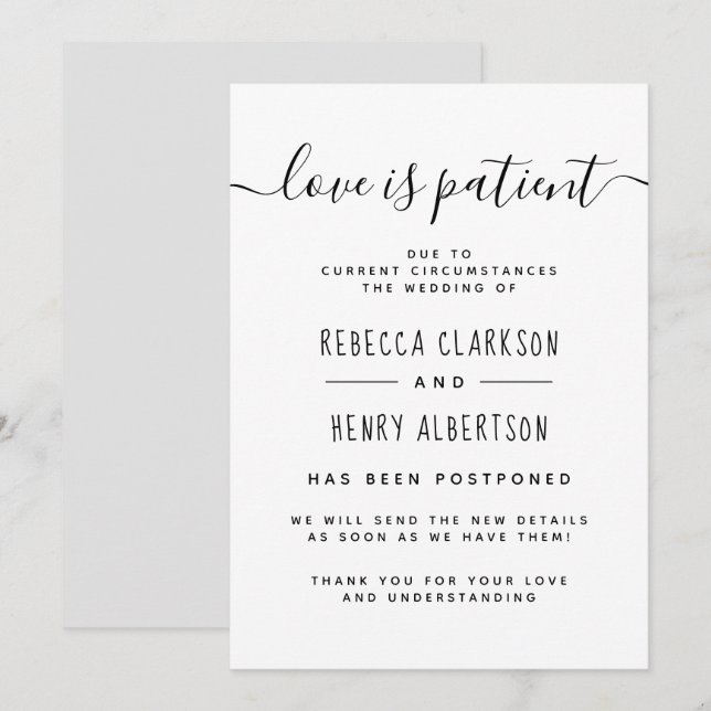Invitation L'amour est patient écrit à la main Mariage report (Devant / Derrière)