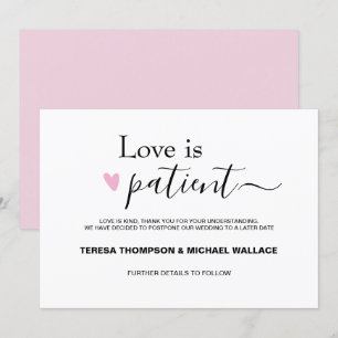 Invitation L'amour est Patient Mariage Postponement rose Noir