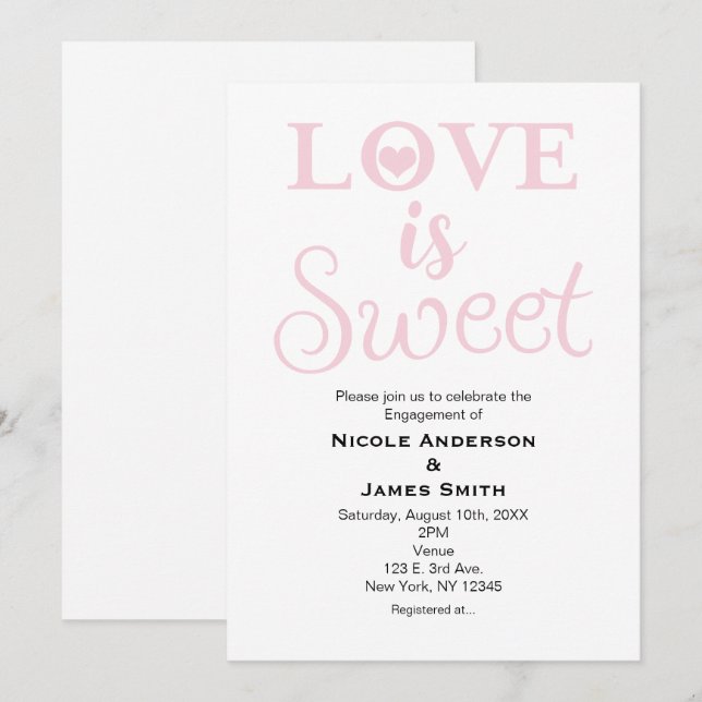 Invitation L'AMOUR EST SUCRE Fiançailles moderne rose & blanc (Devant / Derrière)
