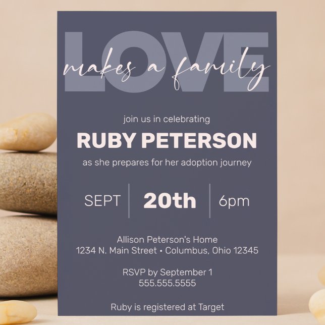 Invitation "L'Amour Fait Une Famille" Une Douche Moderne D'Ad ("love makes a family" Purple cute modern child / baby adoption shower invitation customizable)