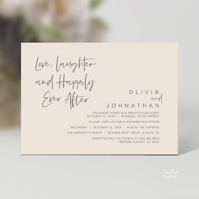 Invitation L'amour, le rire et la joie toujours après, modern (Love, Laughter and Happily Ever After, Modern Boho Wedding Invitation Card PDF Cream Grey)
