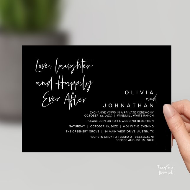 Invitation L'amour, le rire et la joie toujours après, modern (Love, Laughter and Happily Ever After, Modern Boho Wedding Invitation Card PDF Black White)
