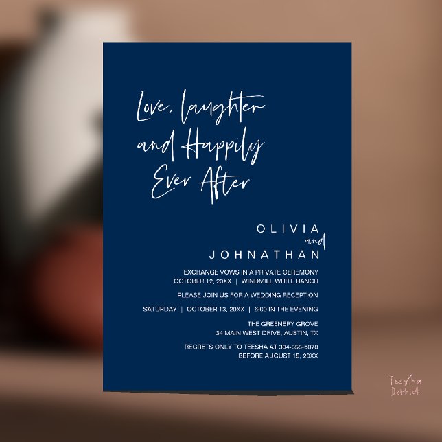 Invitation L'amour, le rire et la joie toujours après, modern (Love, Laughter and Happily Ever After, Modern Boho Wedding Invites Card PDF Navy Blue)