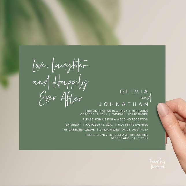 Invitation L'amour, le rire et la joie toujours après, modern (Love, Laughter and Happily Ever After, Modern Boho Wedding Invites Card PDF Sage Green)