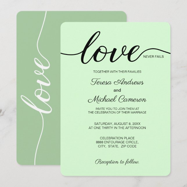Invitation L'amour Mariage chrétien vert n'échoue jamais (Devant / Derrière)