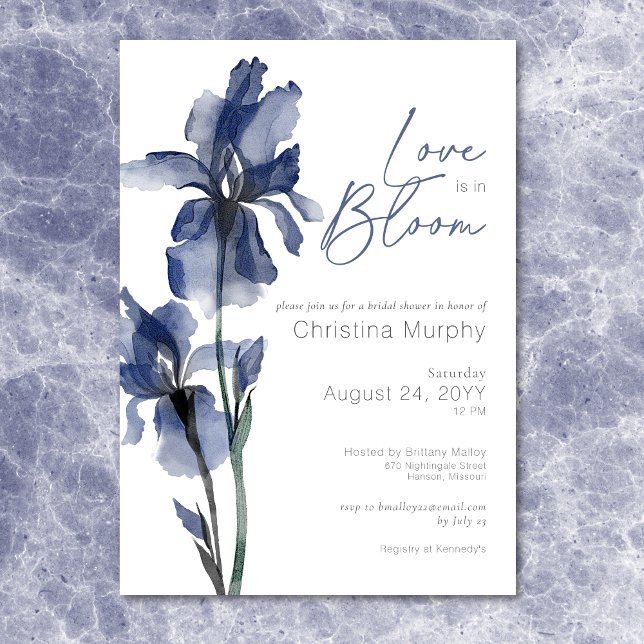 Invitation L'Amour Moderne Bleu Iris Dans La Fête des mariées (Modern Blue Iris Love In Bloom Bridal Shower Invitation)