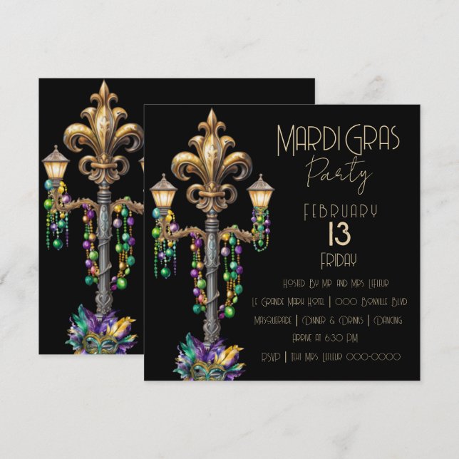 Invitation Lampe à gaz et perles Mardi Gras Party (Devant / Derrière)