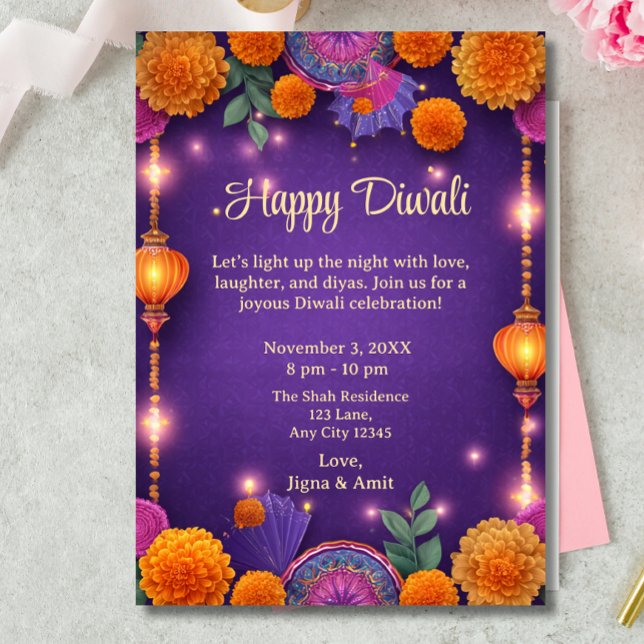 Invitation Lampes de vacances violettes Happy Diwali (Créateur téléchargé)
