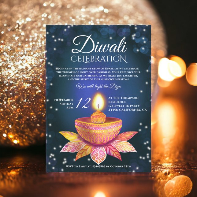 Invitation Lampes Diwali turquoise bleu, script d'illustratio (Blue teal Diwali Lamps light illustration script Invitation)
