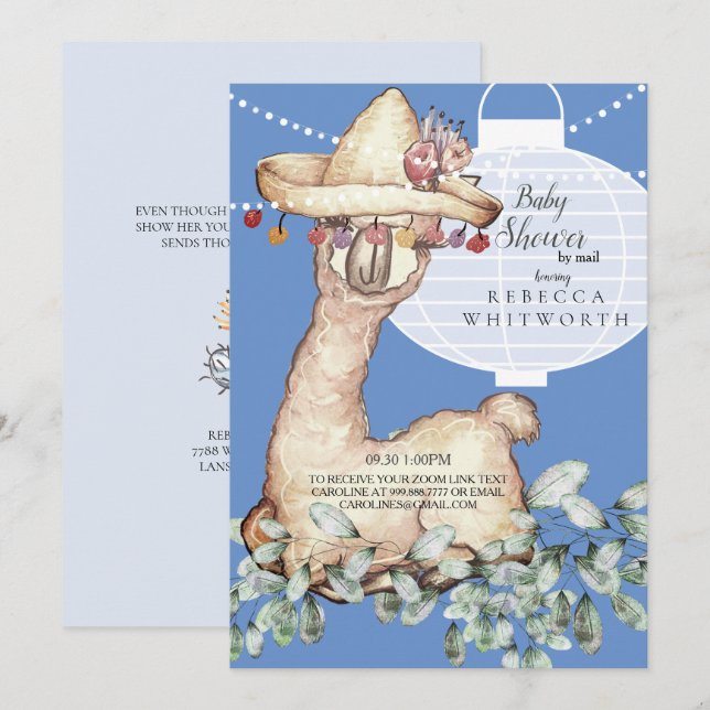 Invitation Lampion bleu Boho mignonne Baby shower par courrie (Devant / Derrière)