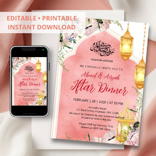 Invitation Lampions Floraux Aquarelle Rose pour Ramadan Iftar