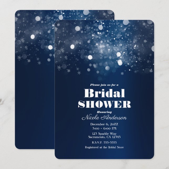 Invitation Lancement de mariage bleu hivernal avec lumières s (Devant / Derrière)