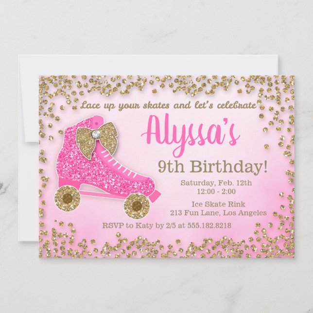 Invitation L'anniversaire de la fille de patin de rose et de (Devant)