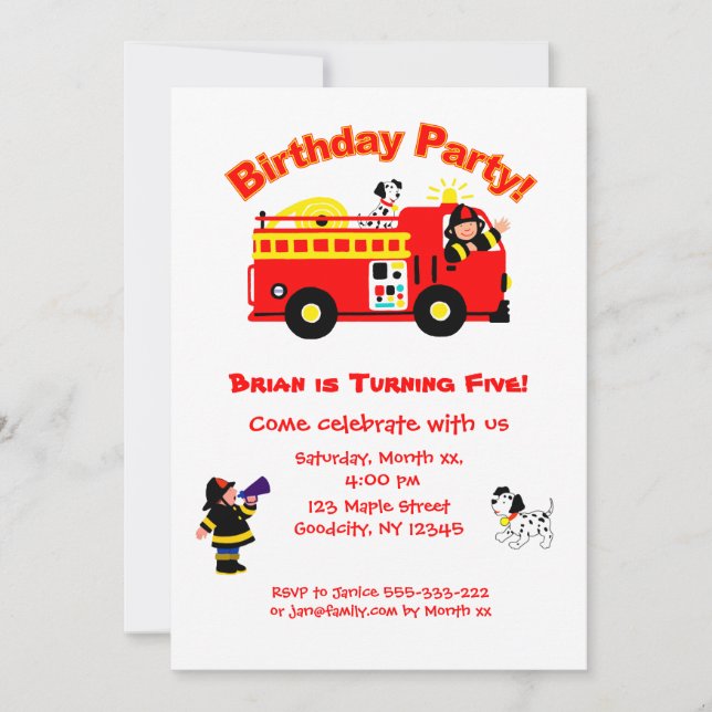 Invitation L'anniversaire des enfants de camion de pompiers (Devant)