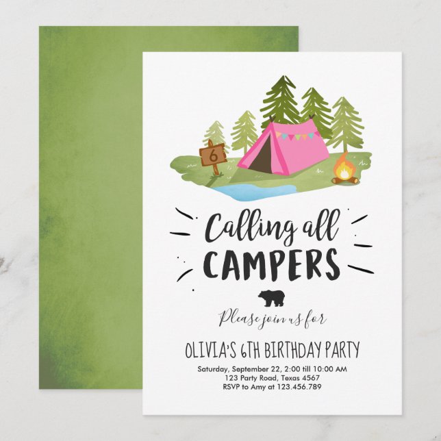 Invitation L'anniversaire d'invitation de tente de camping (Devant / Derrière)
