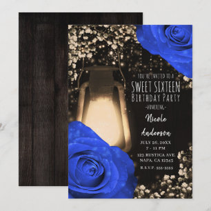 Invitation Lanterne à brillance rustique et bleu Cobalt Roses