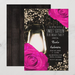 Invitation Lanterne à lueur rustique et Mariage rose Fuchsia 