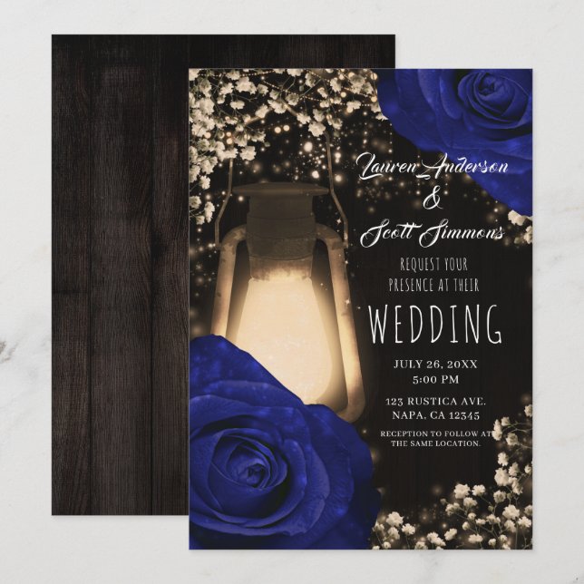 Invitation Lanterne à lueur rustique et Rose bleu marine Mari (Devant / Derrière)