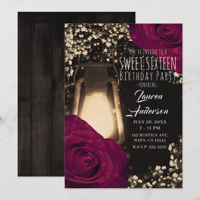 Invitation Lanterne à lueur rustique & Magenta Roses doux 16 (Devant / Derrière)