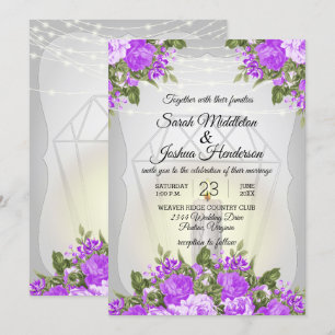 Invitation Lanterne argentée et Mariage floral pourpre